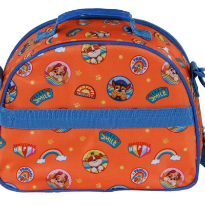 Bolsa infantil alaranjada com personagens e texto 