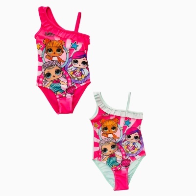 Dois fatos de banho infantis LOL Surprise rosa com bonecas e detalhes em folhos