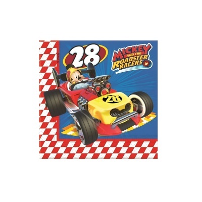 Guardanapo com Mickey Mouse em carro de corrida e texto em fundo azul e padrão xadrez