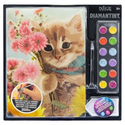Kit pintura diamantes DIY gato flores cor-de-rosa com ferramentas e diamantes coloridos