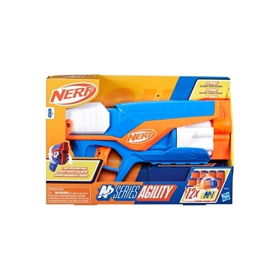 Espingarda de brinquedo Nerf azul, branco e laranja na caixa