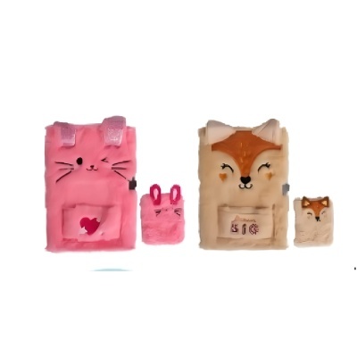 Quatro mochilas de pelúcia coloridas com desenhos de coelho e raposa