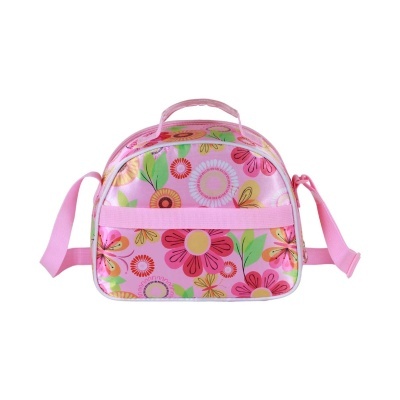Mala pequena cor-de-rosa com padrão floral colorido e alça ajustável