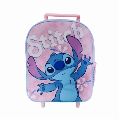 Mala infantil rosa com imagem do personagem Stitch e texto 'Stitch'