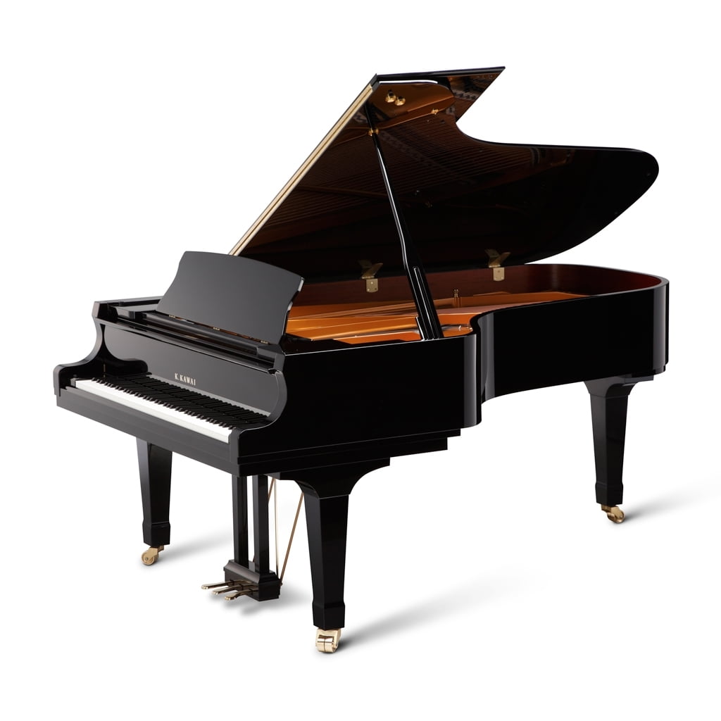 Kawai Shigeru SK-7 Piano de cauda preto brilhante K. KAWAI com tampa aberta