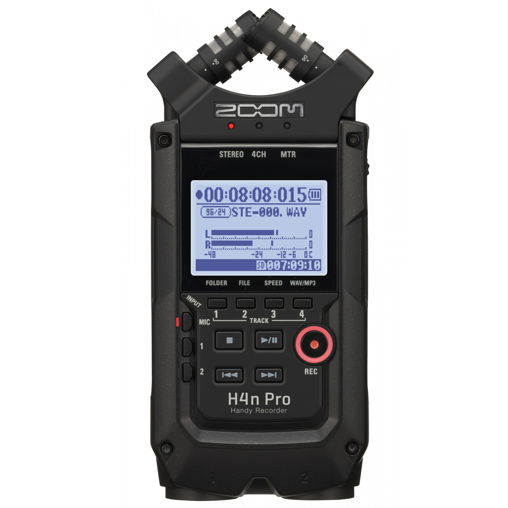 Zoom H4N Pro Black Gravador de áudio portátil preto com microfones em 'X' e ecrã LCD