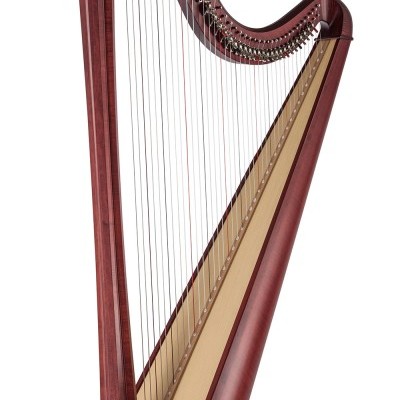 Harpa de madeira castanha escura com cordas e detalhes metálicos