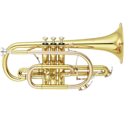 Trompete dourado com três pistões prateados sobre fundo branco