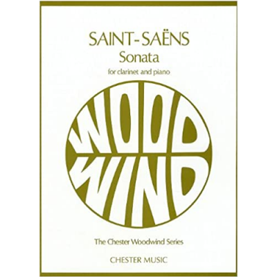 Capa de partitura musical de Saint-Saëns Sonata para clarinete e piano com design Wood Wind em dourado