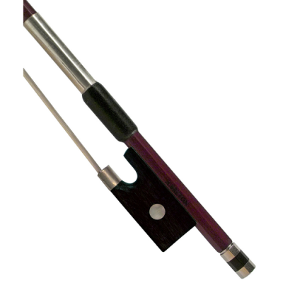 Arco para violino de madeira castanha escura com cabo preto e detalhes metálicos