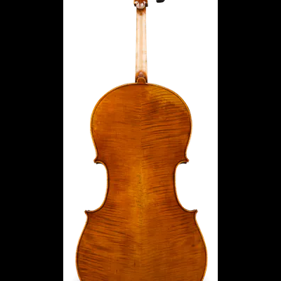 Parte traseira de violoncelo de madeira castanha com acabamento brilhante