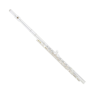 Flauta transversal metálica prateada com várias chaves