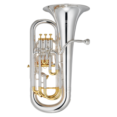Eufónio metálico prateado e dourado com três válvulas