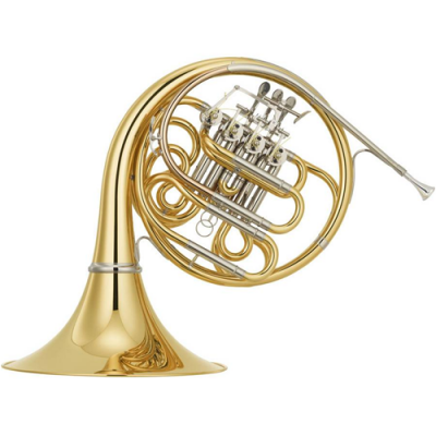 Trompa francesa em latão com válvulas e campânula larga