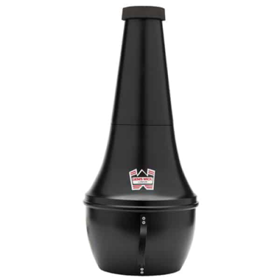 Surdina para trompete preta fosca com etiqueta WRAP-AROUND em fundo branco.