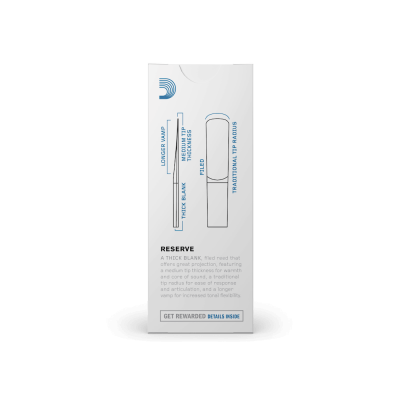 Embalagem branca com texto descritivo azul e preto do produto RESERVE.