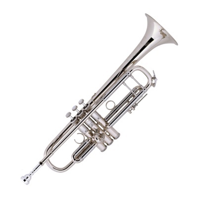 Trompete prateado com três pistões em fundo branco