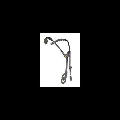 Arnês metálico com correias pretas e cinzentas para escalada