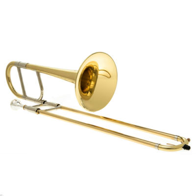 Trombone dourado em metal com acabamento brilhante