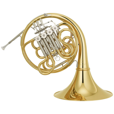 Trompa dourada com válvulas prateadas e tubo enrolado