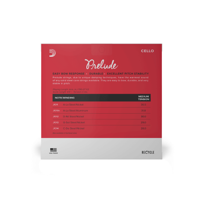 Embala-cordas para violoncelo com etiqueta vermelha e branca e texto informativo.