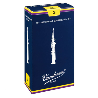 Embalagem azul para palhetas de saxofone soprano com texto e ilustração branca