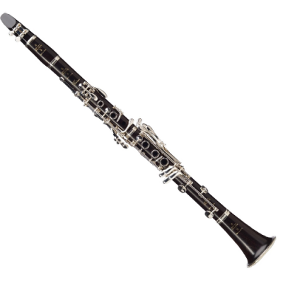 Clarinete de madeira escura com ferragens metálicas prateadas