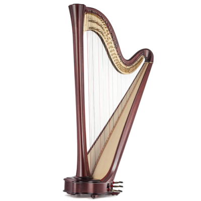 Harpa de madeira castanha escura com cordas metálicas e detalhes dourados.
