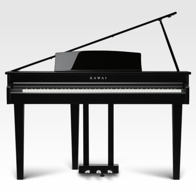 piano de cauda preto com tampa aberta marca KAWAI.