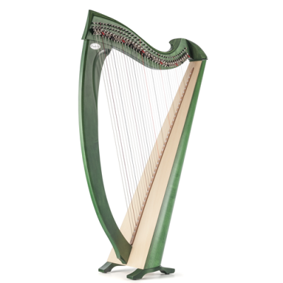 Arpa verde média com cordas coloridas em fundo branco