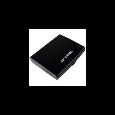 Estojo preto retangular com texto 'protec' em branco