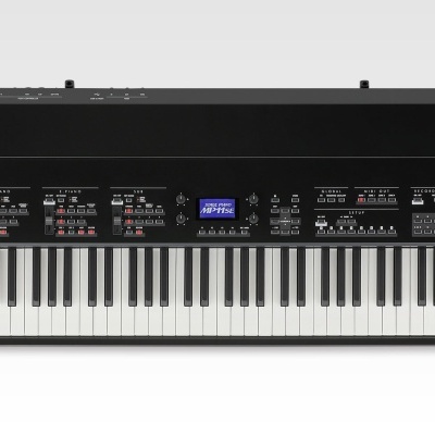 Piano digital preto com teclado de 88 teclas e painel de controlo com ecrã azul