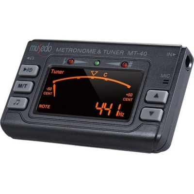 Afinador e metrónomo digital preto Musedo MT-40 com ecrã iluminado e botões de controlo
