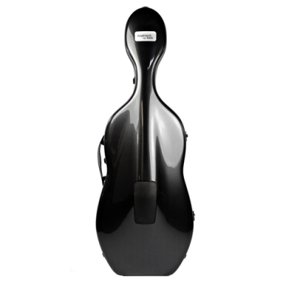 Estojo rígido preto para violoncelo com etiqueta branca