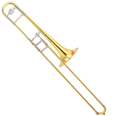 Trombone dourado de metal com partes prateadas