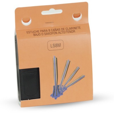 Embalagem laranja para 8 cañas de clarinete com inscrição LS8M