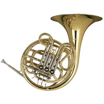 Trompa francesa dourada com três pistões pretos sobre fundo branco