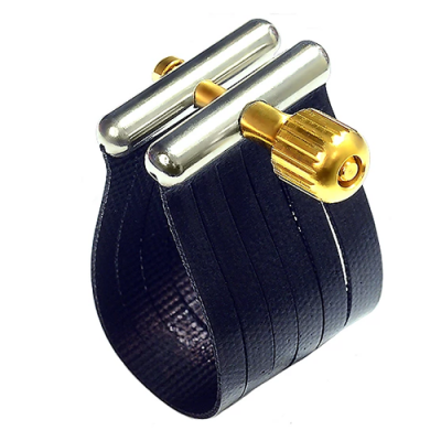 Abraçadeira preta com parafusos metálicos prateados e dourados para instrumento musical