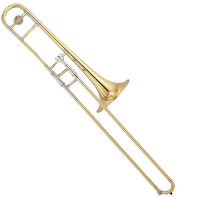 Trombom dourado de metal com detalhes prateados em fundo branco