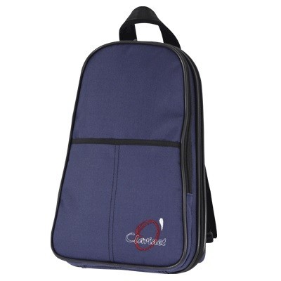 Mochila azul escuro com bolso frontal e logotipo Clarinet bordado.