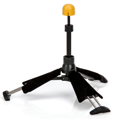 Suporte para instrumento musical com pernas em veludo preto e topo amarelo