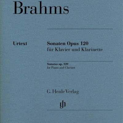 Capa azul de livro de partituras com texto em preto e títulos sobre Brahms e sonatas para piano e clarinete.