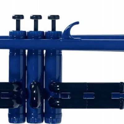 Trompete azul com válvulas e bocal preto