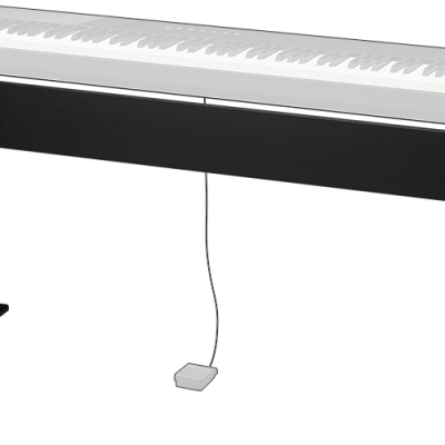 Piano digital branco com suporte preto e pedal no chão