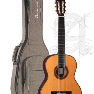 Guitarra clássica com estojo cinza ao lado