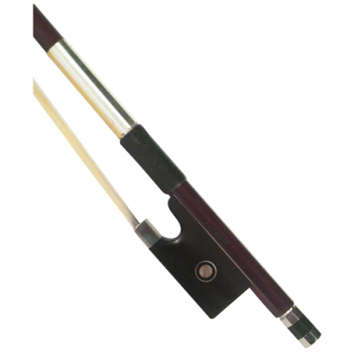 Arco de violino com vara em madeira escura e crina clara ajustada por botão metálico