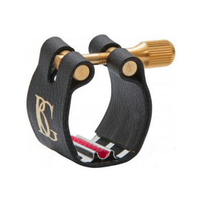 Abraçadeira preta para instrumento com parafuso dourado e microfone vermelho