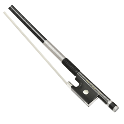 Arco de violino preto com crina branca e detalhes prateados