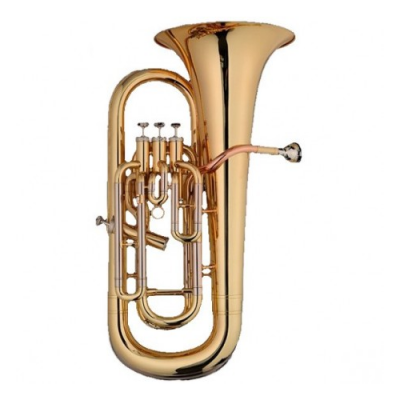 Tuba dourada com três pistões em fundo branco