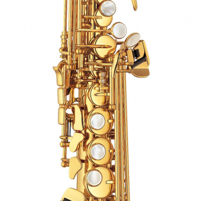 Saxofone soprano dourado com teclas de madrepérola